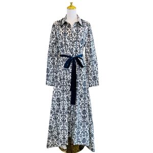 Trish Scully Constance Maxi Dress Navy Damask Sz 14 Jewel Collar Long Sleeve NWT